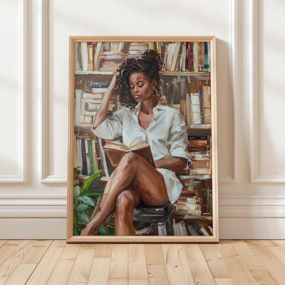 Black Woman Lost In Book Among Vintage Library Shelves Poster