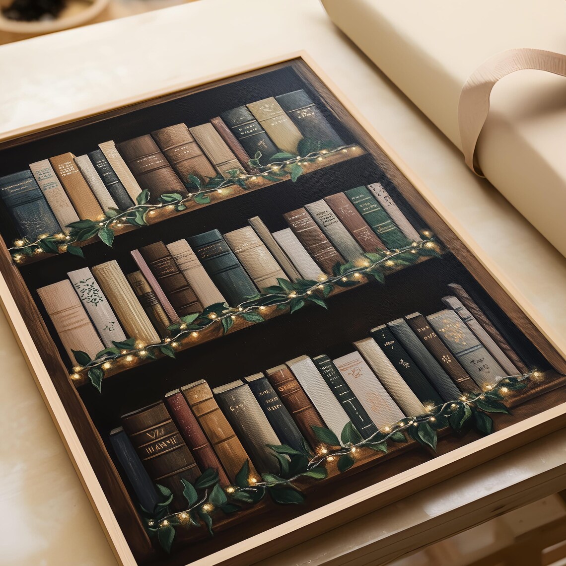 Cozy Vintage Bookshelf with Twinkling Fairy Lights Library Decor Poster - Image 6