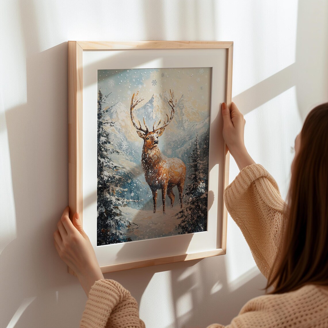 Majestic Stag in Snowy Mountain Landscape with Falling Snowflakes Poster - Image 5