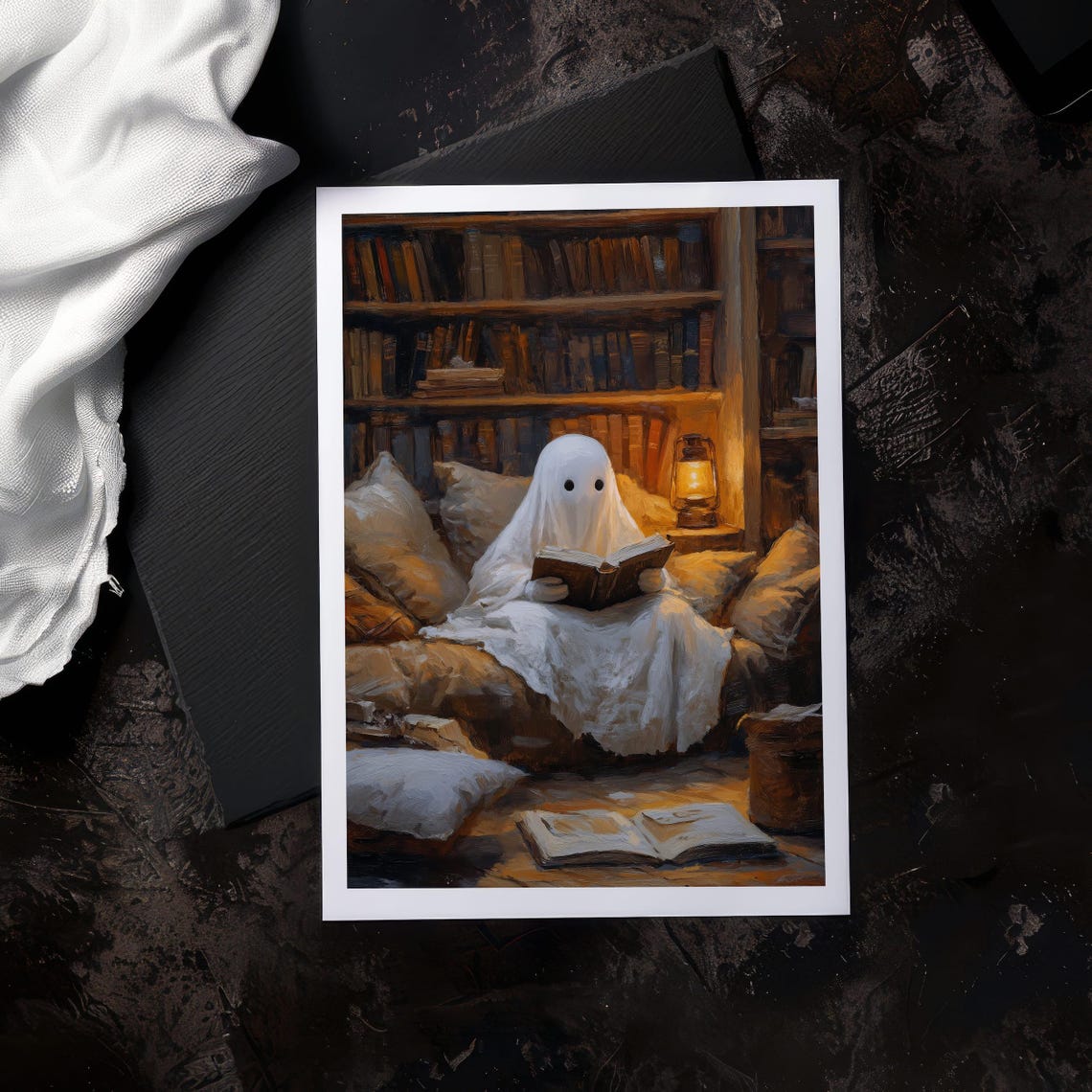 Cozy Ghost Reading Book in Spooky Library Halloween Art Poster - Image 6