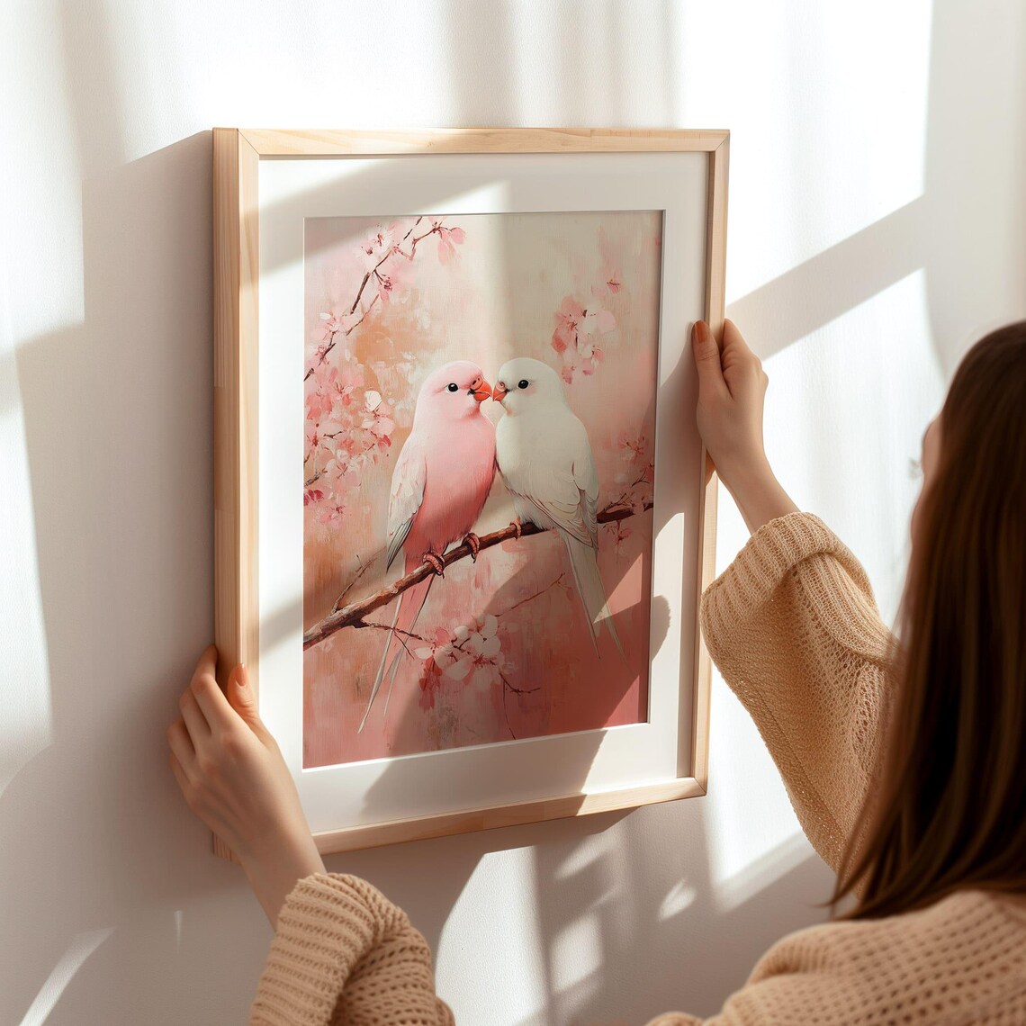 Pink Love Birds On Branch Art Print, Valentine Decor - Image 3