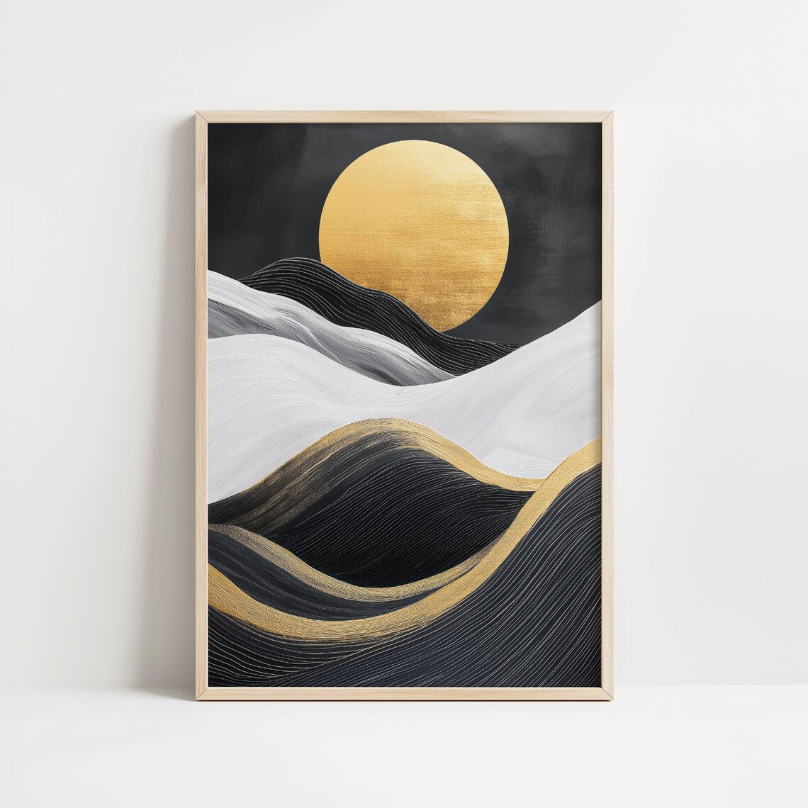 Set of Three Black and Gold Abstract Waves with Golden Sun Art Poster - Image 5