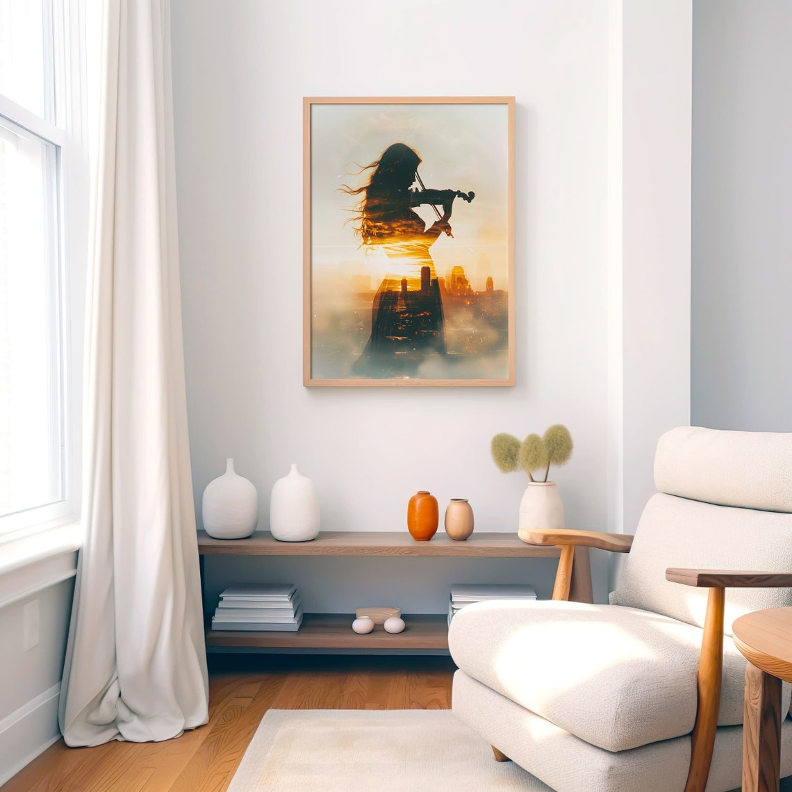 Violinist Silhouette Sunset Cityscape Double Exposure Art Poster - Image 2