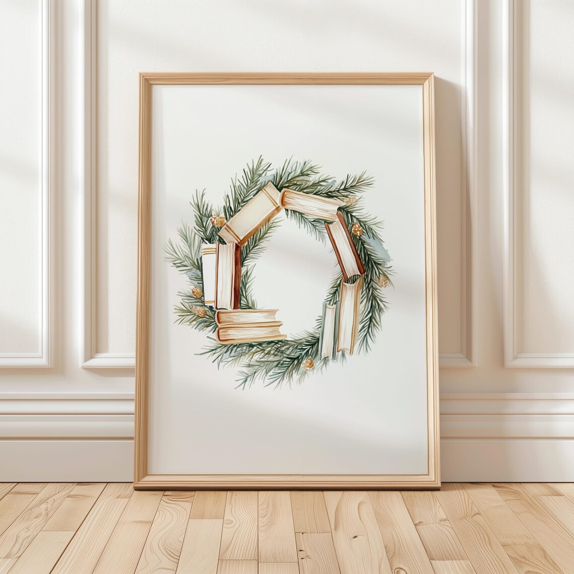 Watercolor Christmas Wreath of Books Pine Branches Holiday Poster