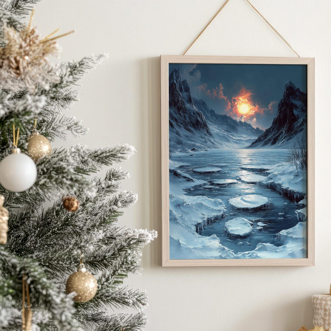 Frozen Mountain Lake at Sunset With Golden Sun Reflection Poster - Image 6