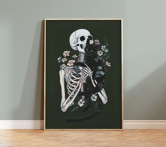 Floral Skeleton Hugging Black Cat Gothic Halloween Night Poster