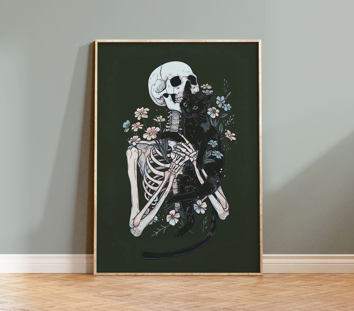 Floral Skeleton Hugging Black Cat Gothic Halloween Night Poster