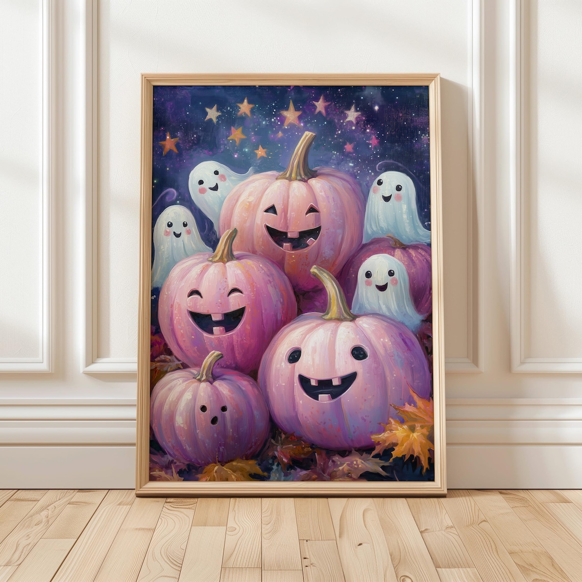 Pink Pumpkins Happy Ghosts Starry Night Cute Halloween Season Poster