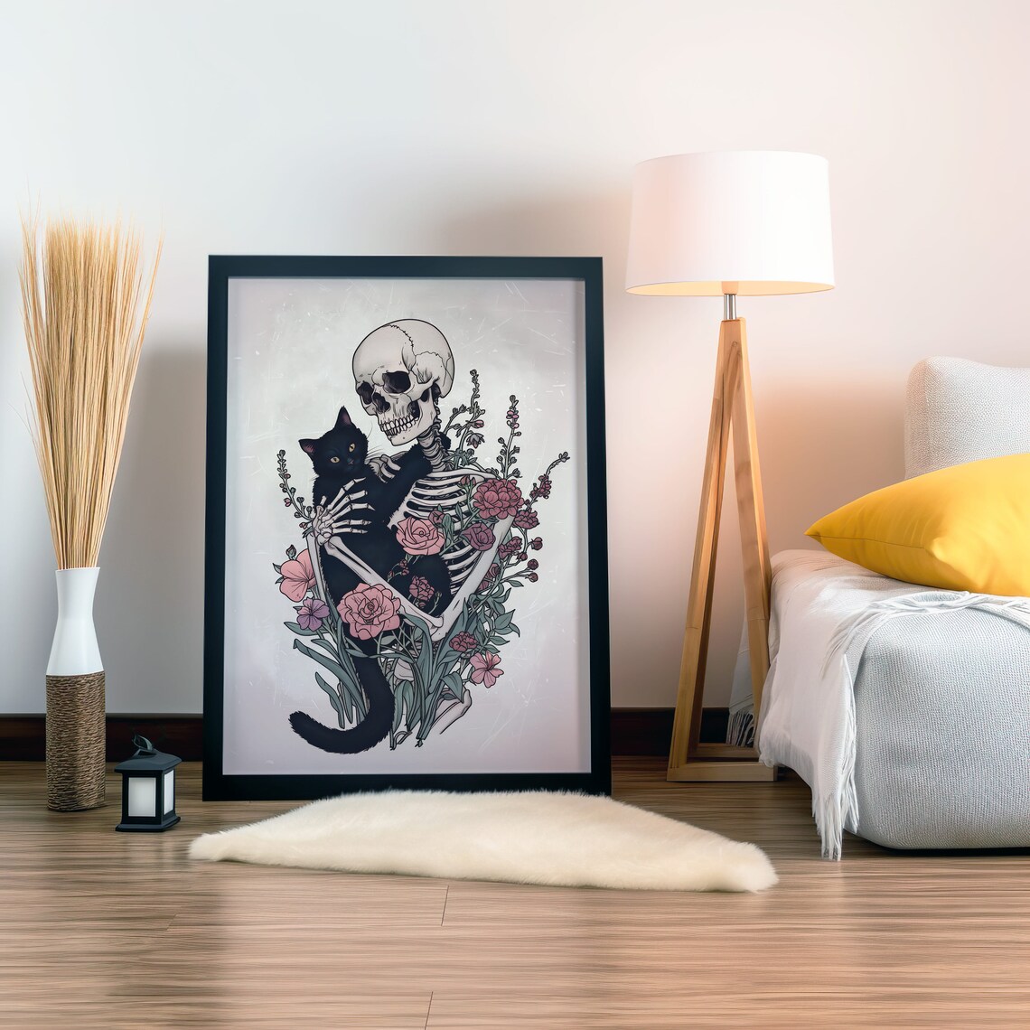 Gothic Skeleton With Cat, Dark Floral Art Print - Image 4