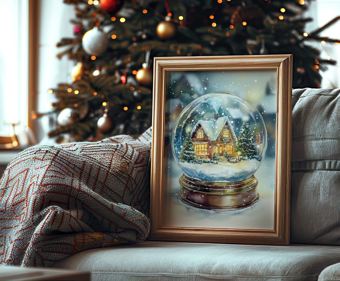 Christmas Snow Globe with Glowing Cottage and Falling Snow Art Poster - Image 5