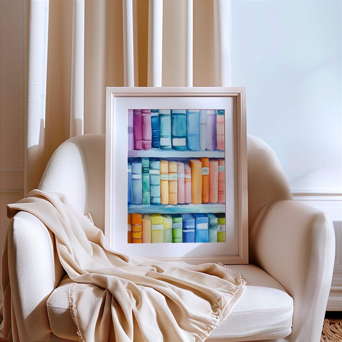 Rainbow Watercolor Bookshelf With Pastel Books Library Poster - Image 2