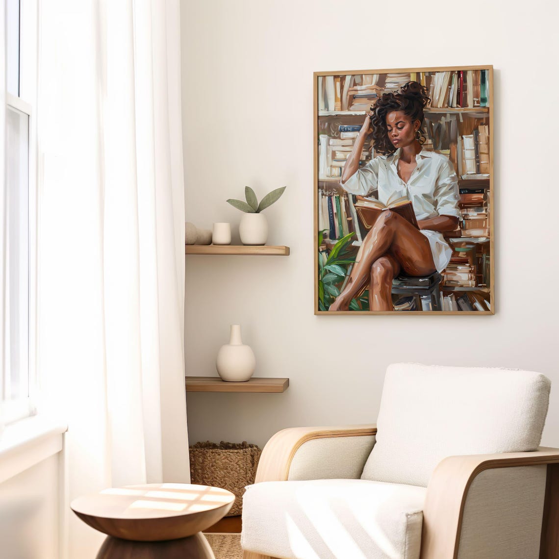 Black Woman Lost In Book Among Vintage Library Shelves Poster - Image 6