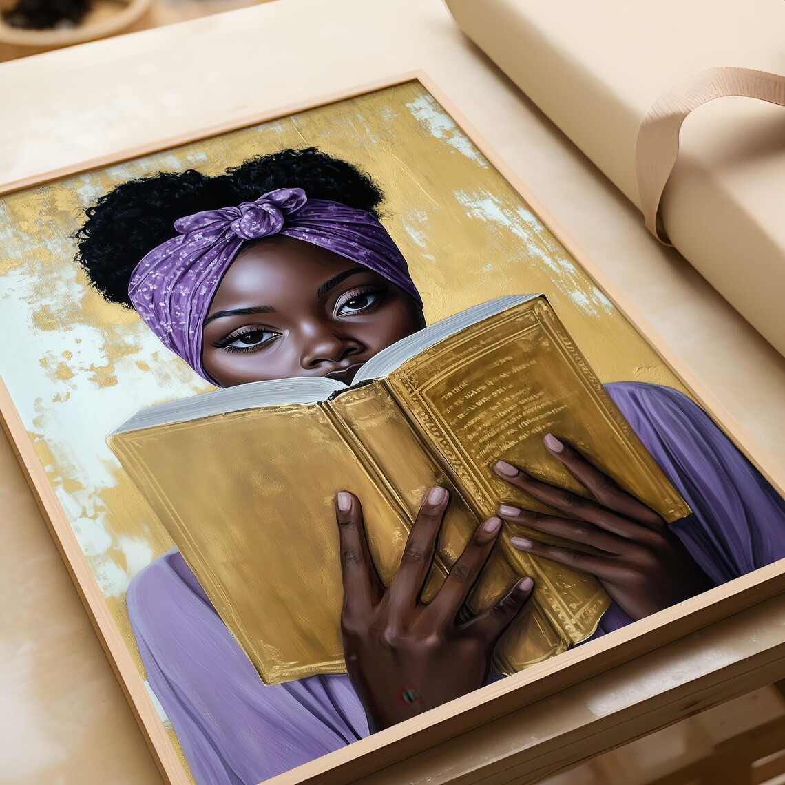 Black Woman Reading Golden Book Purple Headwrap Portrait Poster - Image 7