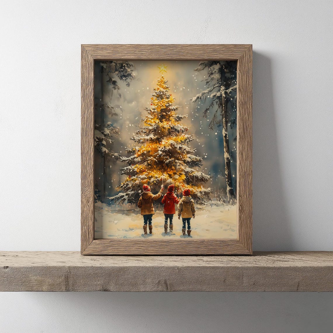 Three Children Admiring Glowing Christmas Tree Snowy Forest Poster - Image 4