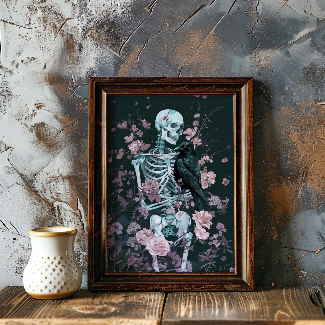 Skeleton And Raven Among Pink Blossoms Dark Gothic Floral Art Poster - Image 3