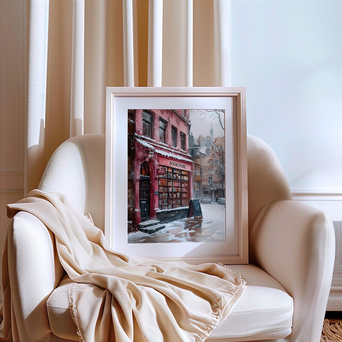 Red Bookstore Facade on a Snowy Winter Street Watercolor Poster - Image 2