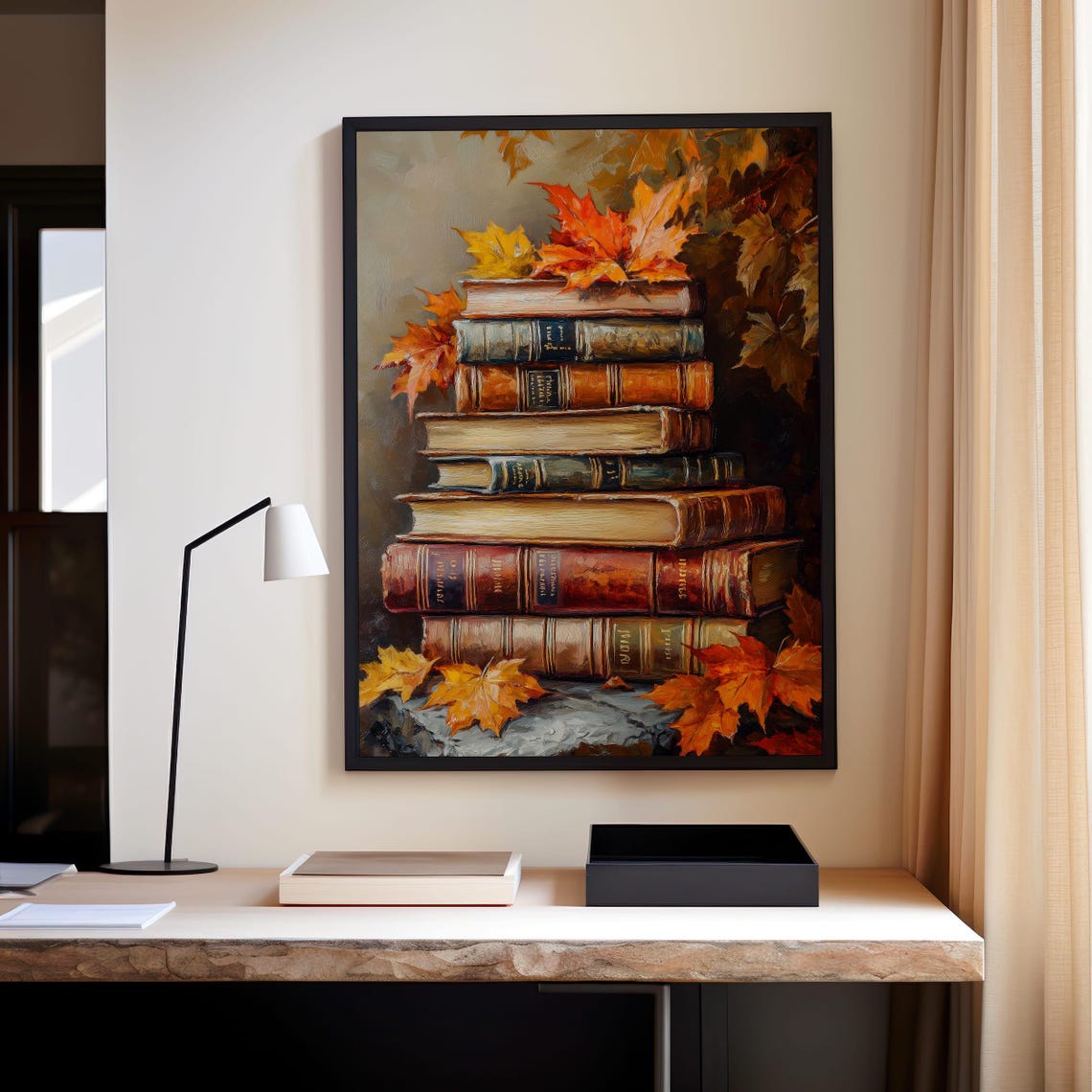Vintage Stack of Antique Books With Autumn Maple Leaves Poster - Image 5