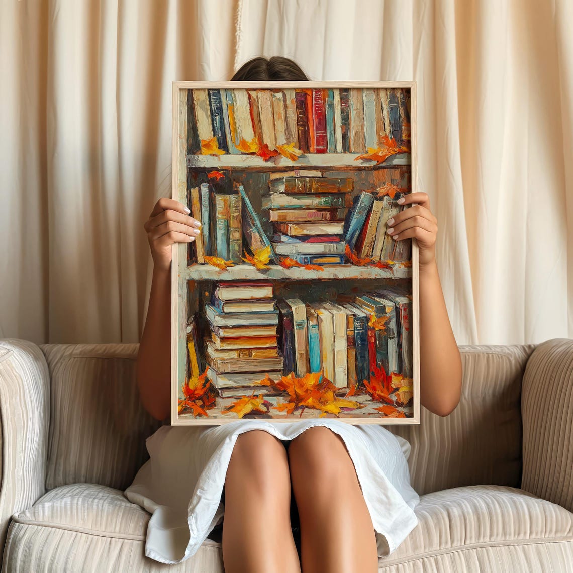 Autumn Bookshelf Painting With Fall Leaves Cozy Library Poster - Image 2