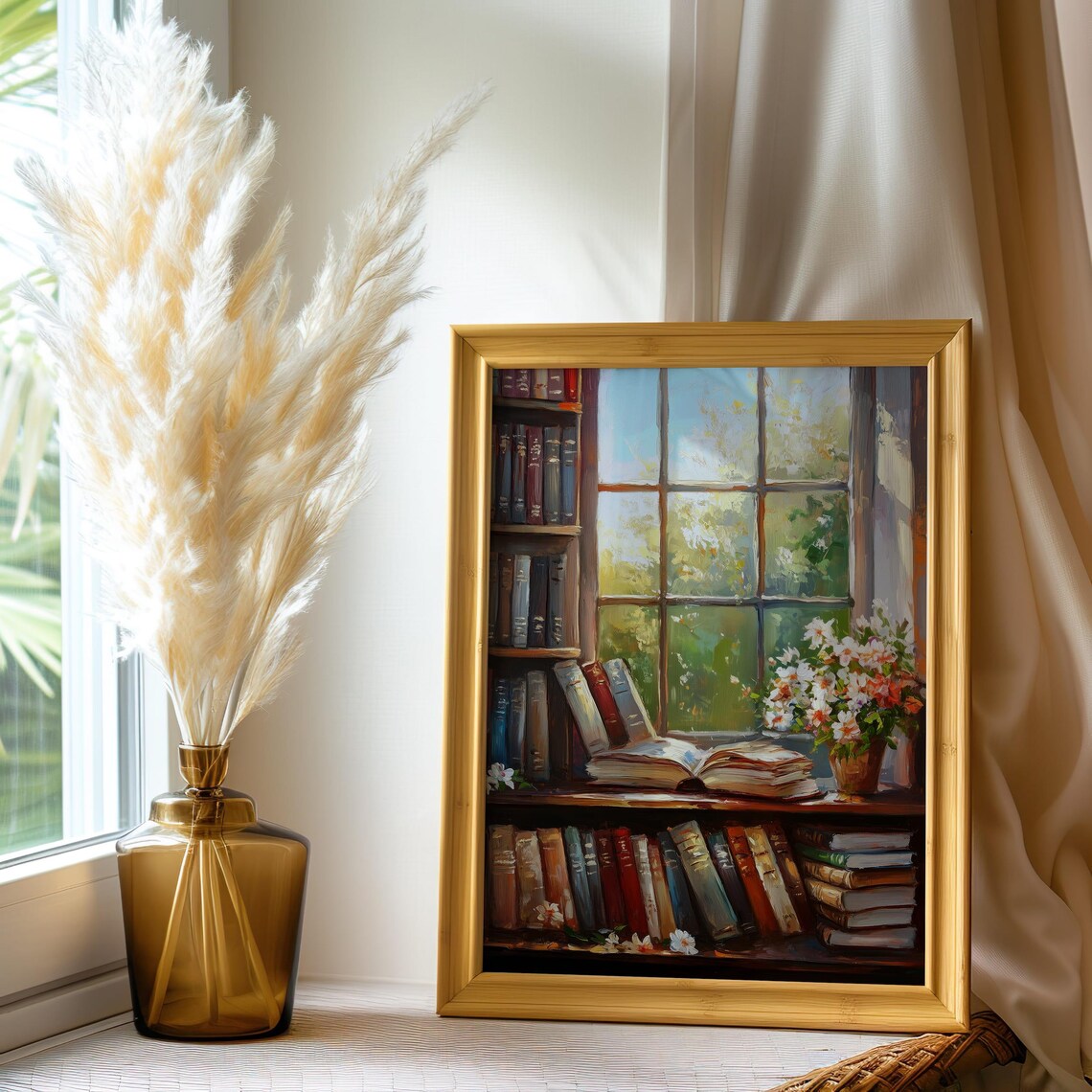 Cozy Vintage Library Art Print, Floral Bookshelf - Image 6