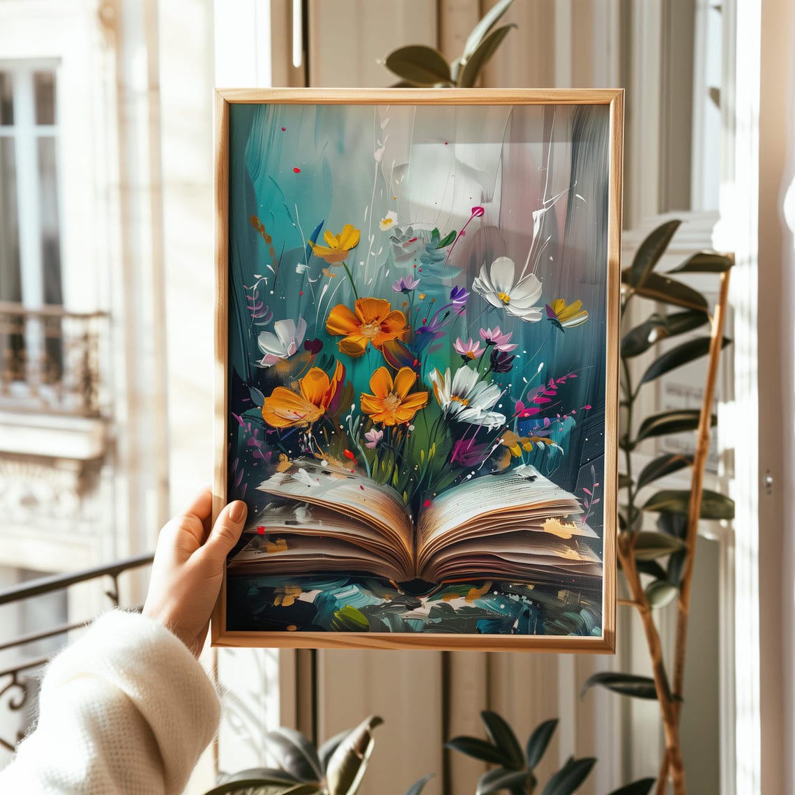 Wildflowers Blooming From Open Book Teal Floral Decor Art Poster - Image 6