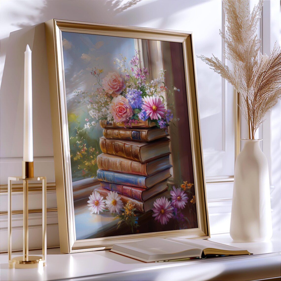 Vintage Floral Book Stack by Sunny Window Still Life Art Poster - Image 4