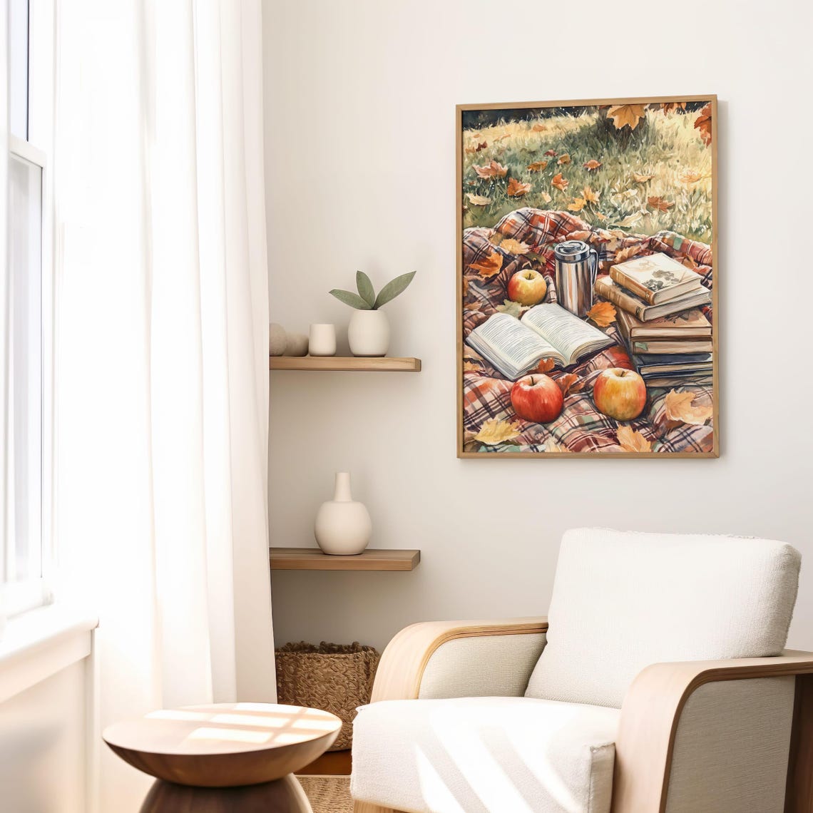 Autumn Picnic With Books Apples and Thermos Watercolor Poster - Image 7