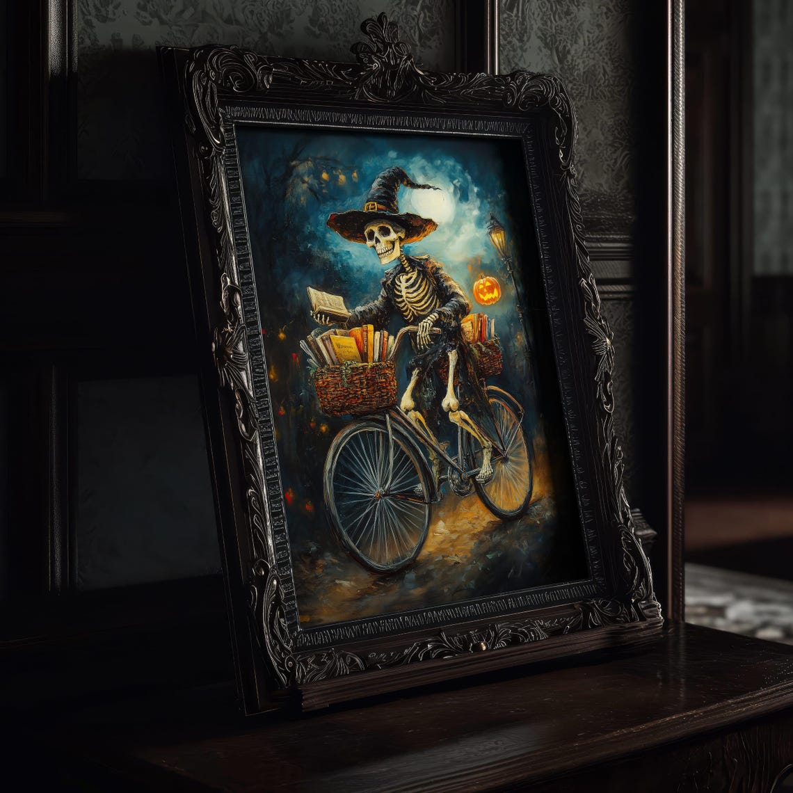 Skeleton Witch Riding Bicycle With Books On Halloween Night Poster - Image 7