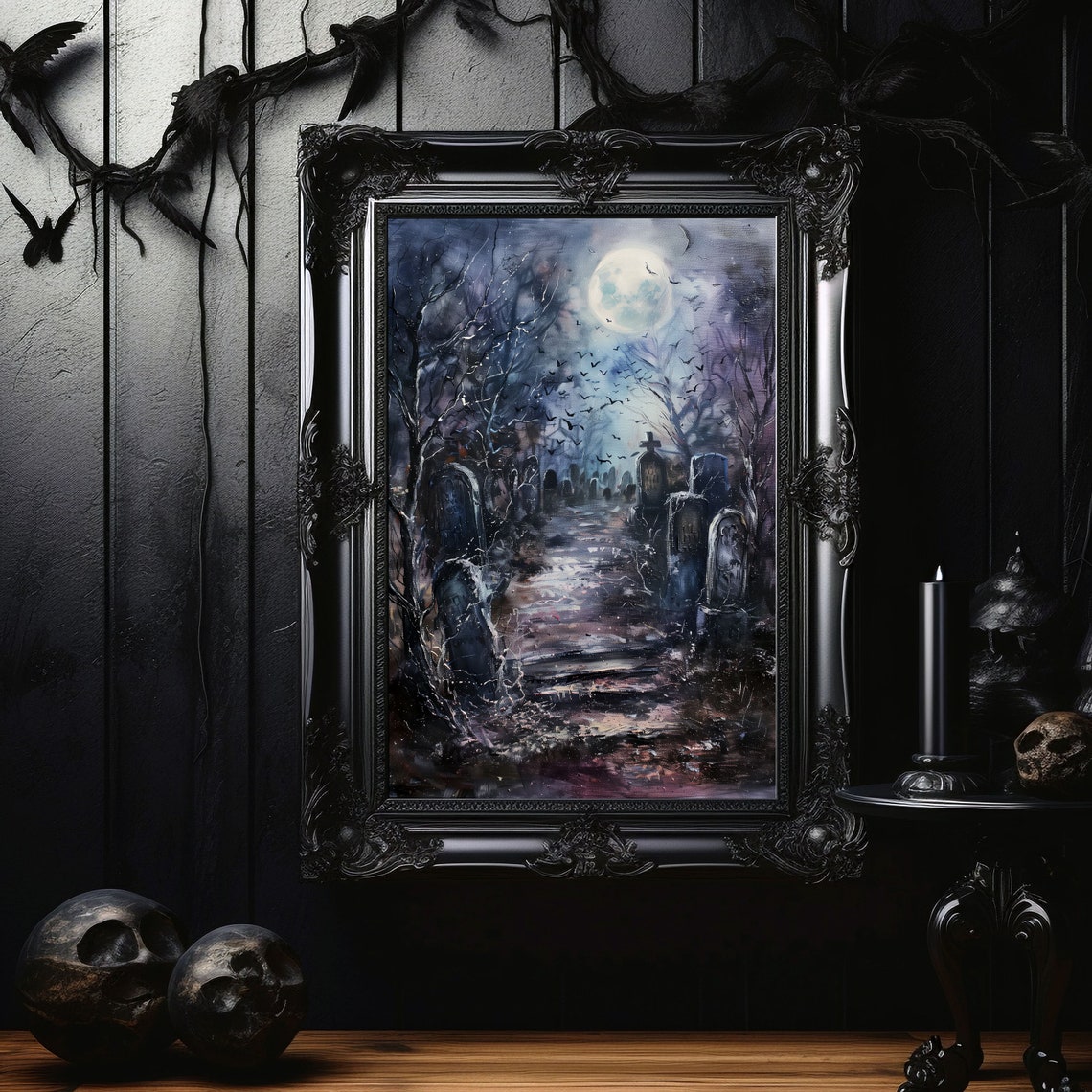 Haunted Cemetery Full Moon Bats Spooky Night Painting Art Poster - Image 4