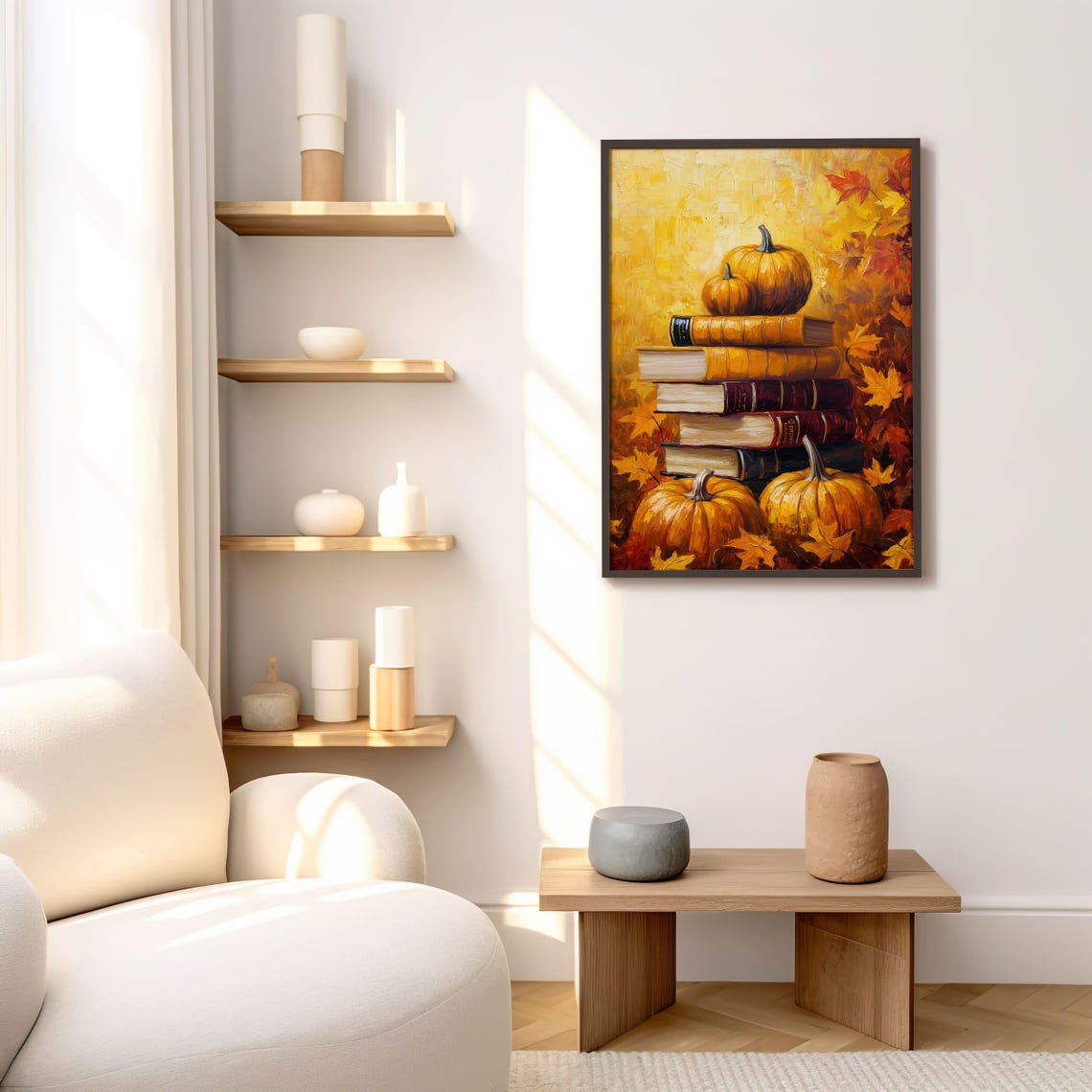 Pumpkin and Book Stack Golden Autumn Leaves Still Life Fall Art Poster - Image 5