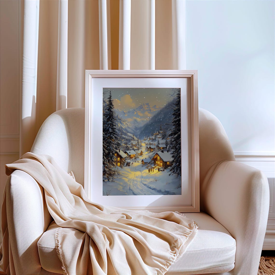 Snowy Village at Dusk with Glowing Cabins Winter Mountain Scene Poster - Image 3
