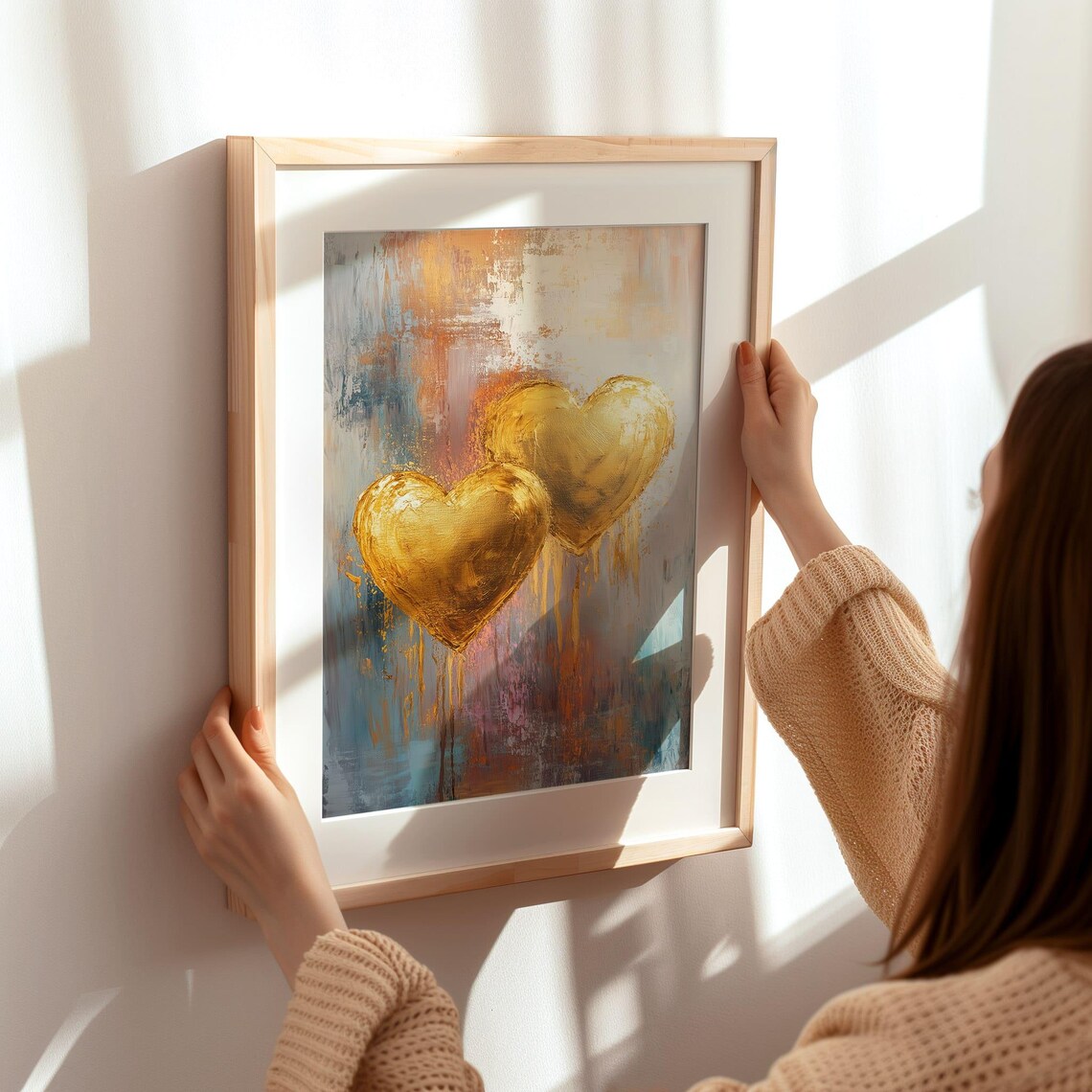 Pair Of Gold Hearts Abstract Dripping Paint Romantic Art Poster - Image 2