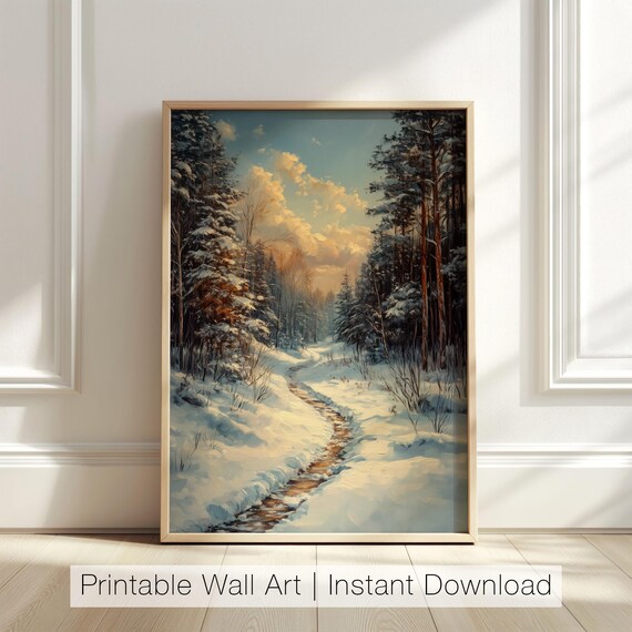 Snowy Winter Forest Path Pines Sunset Sky Serene Nature Landscape Poster