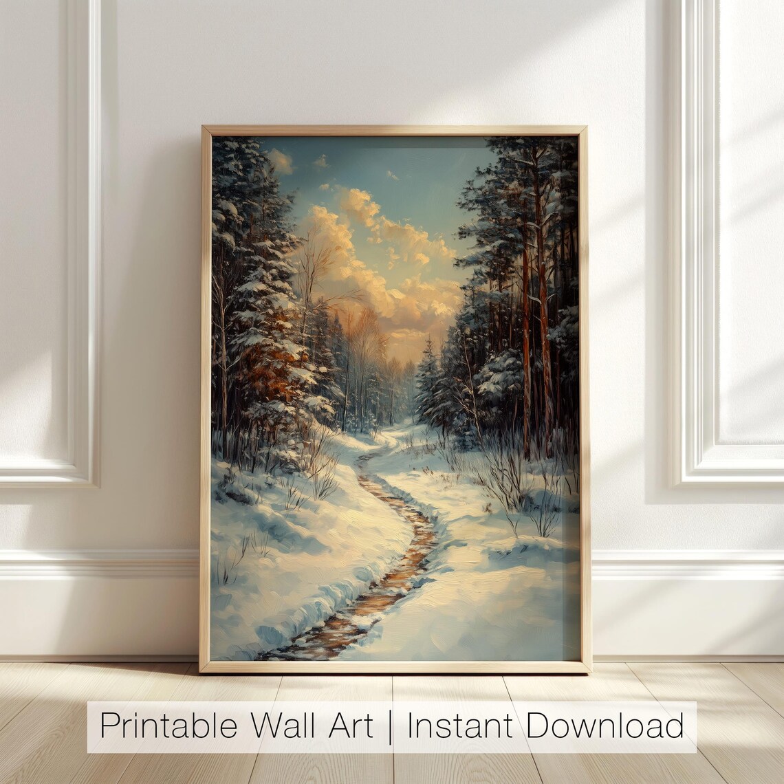 Snowy Winter Forest Path Pines Sunset Sky Serene Nature Landscape Poster