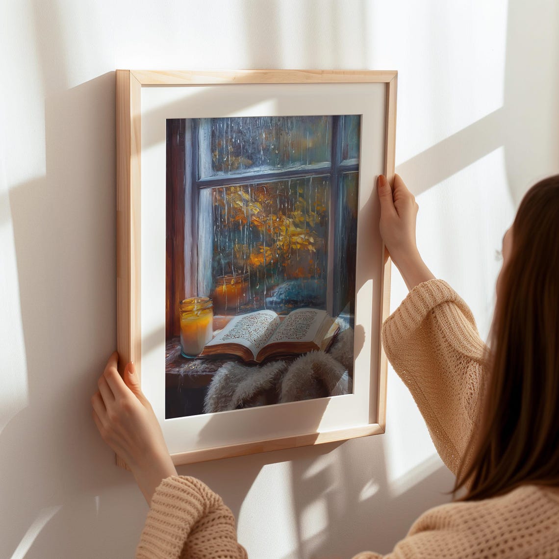 Cozy Fall Reading Nook Candle and Book by Rainy Window Art Poster - Image 8