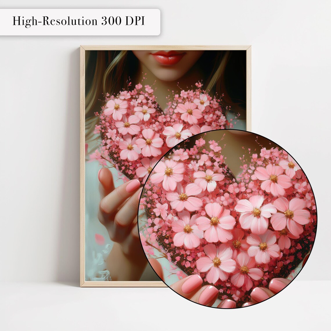 Woman Holding Heart Of Pink Flowers Romantic Floral Art Poster - Image 4