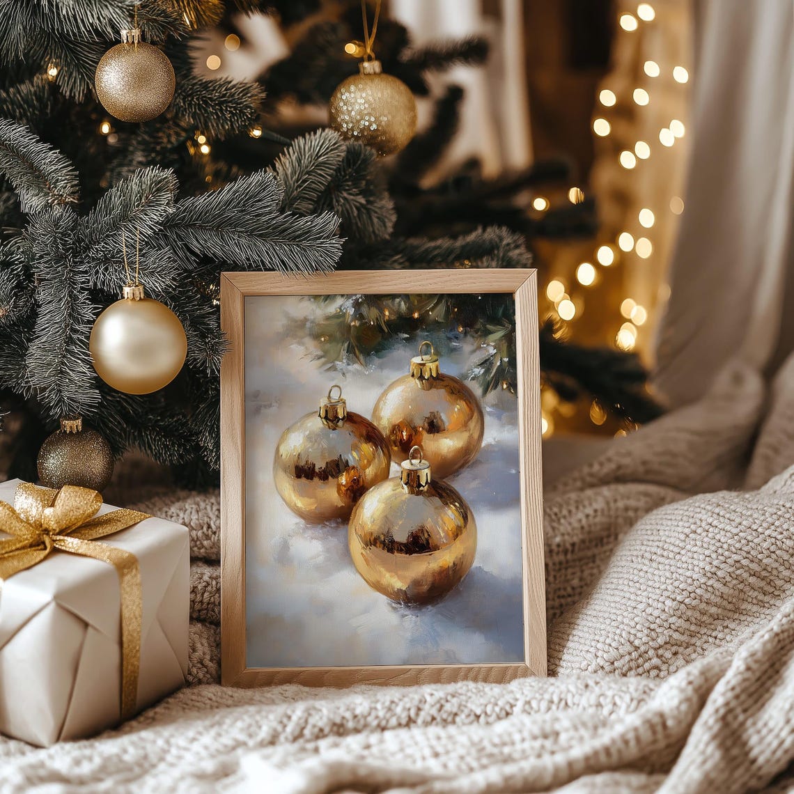 Gold Christmas Ornament Baubles Vintage Snow Holiday Still Life Poster - Image 2