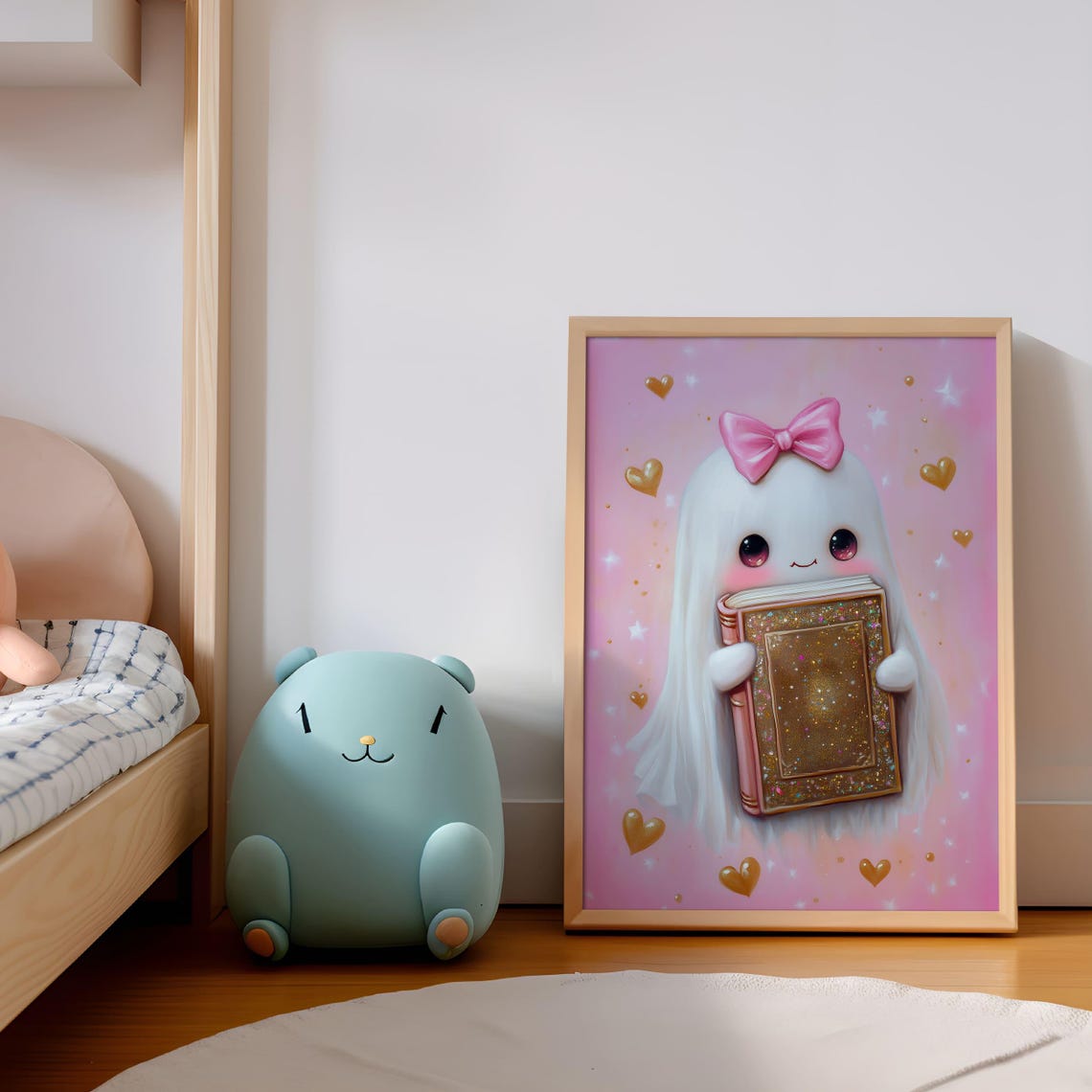 Cute Pink Ghost With Bow Holding Glitter Book Halloween Poster - Image 2