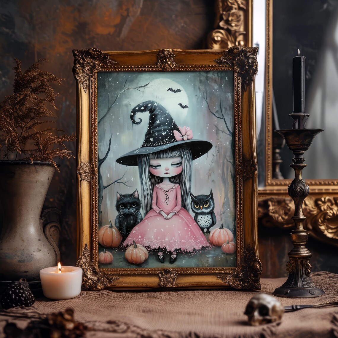 Cute Witch Girl With Cat Owl Moon Pink Halloween Fantasy Art Poster - Image 6