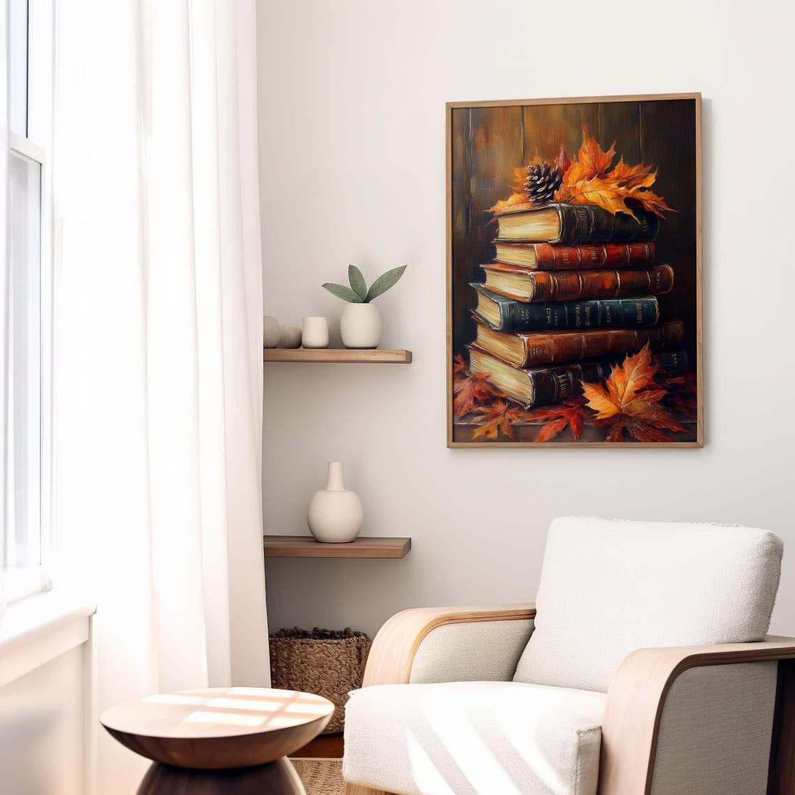 Vintage Autumn Book Stack Painting Fall Leaves Cozy Art Poster - Image 5
