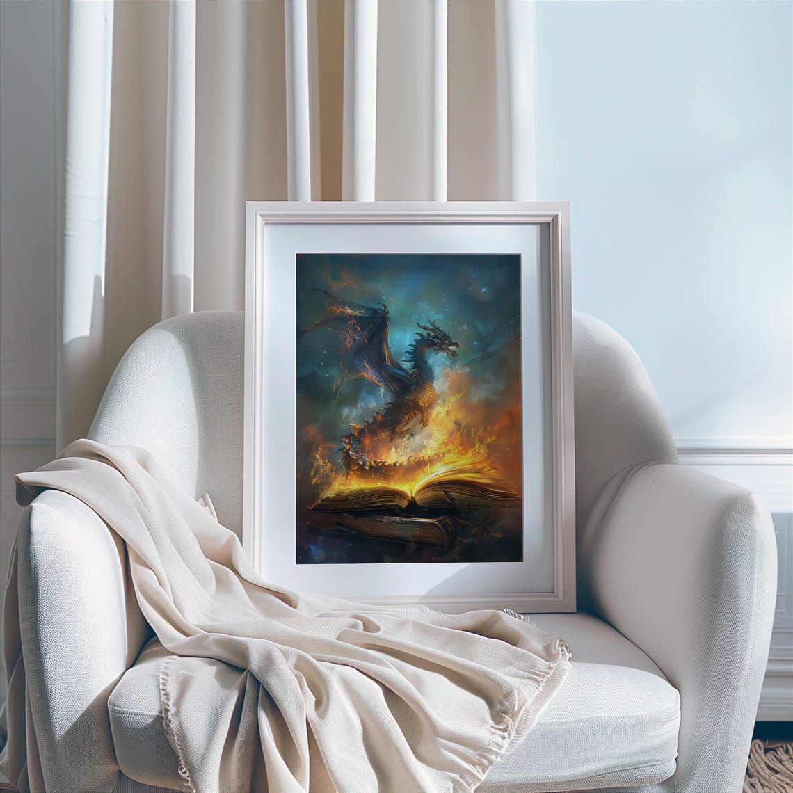 Fiery Dragon Rising From Burning Book Epic Fantasy Art Poster - Image 4