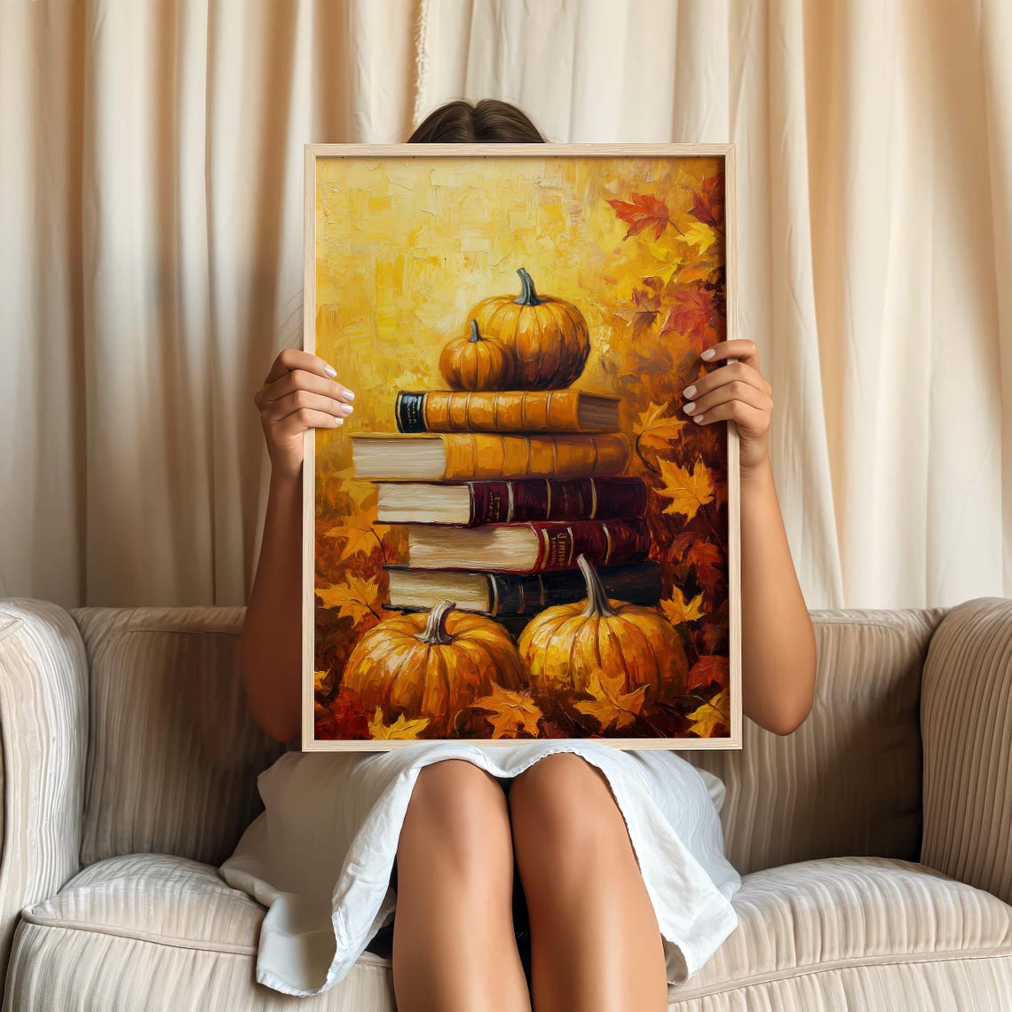 Pumpkin and Book Stack Golden Autumn Leaves Still Life Fall Art Poster - Image 2
