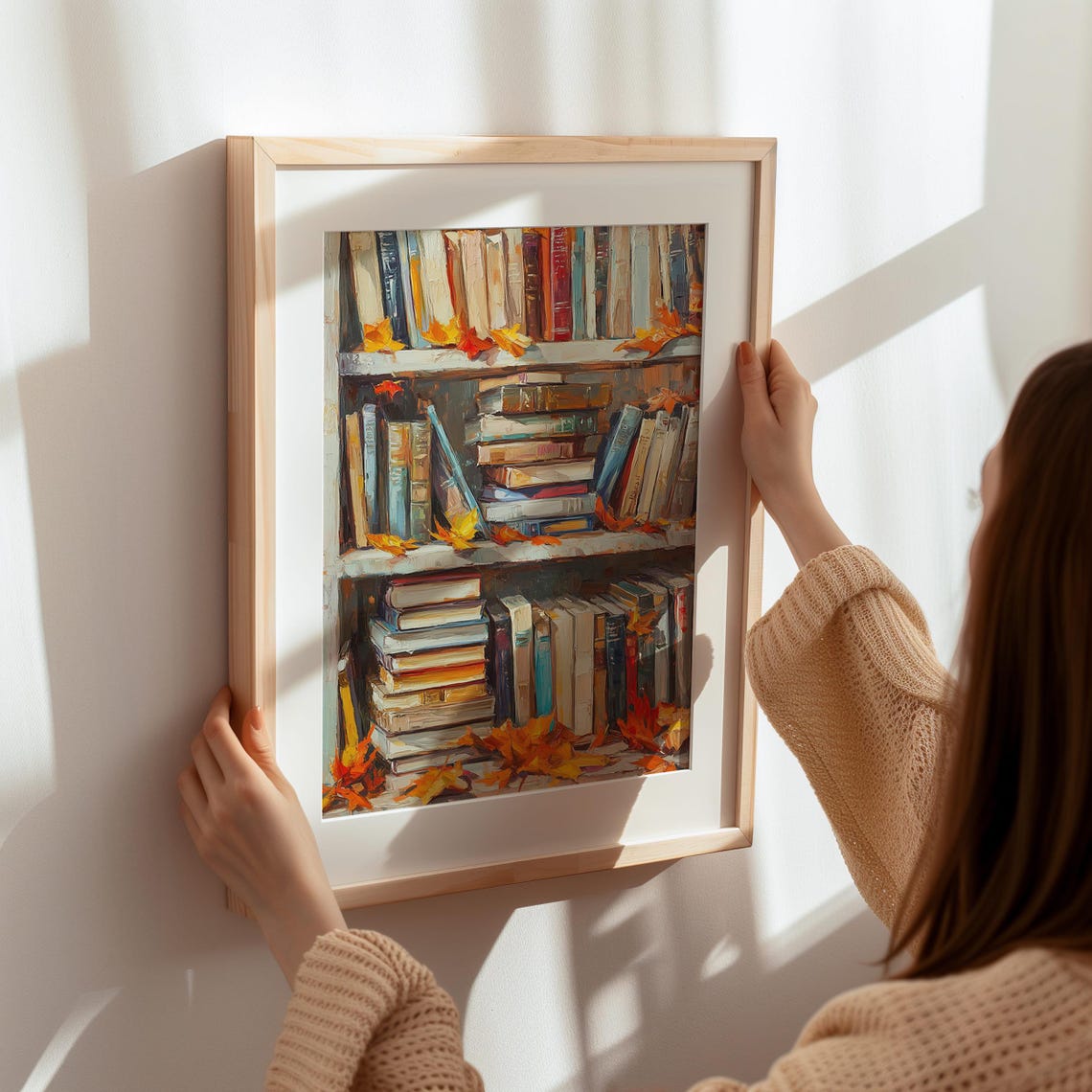 Autumn Bookshelf Painting With Fall Leaves Cozy Library Poster - Image 8