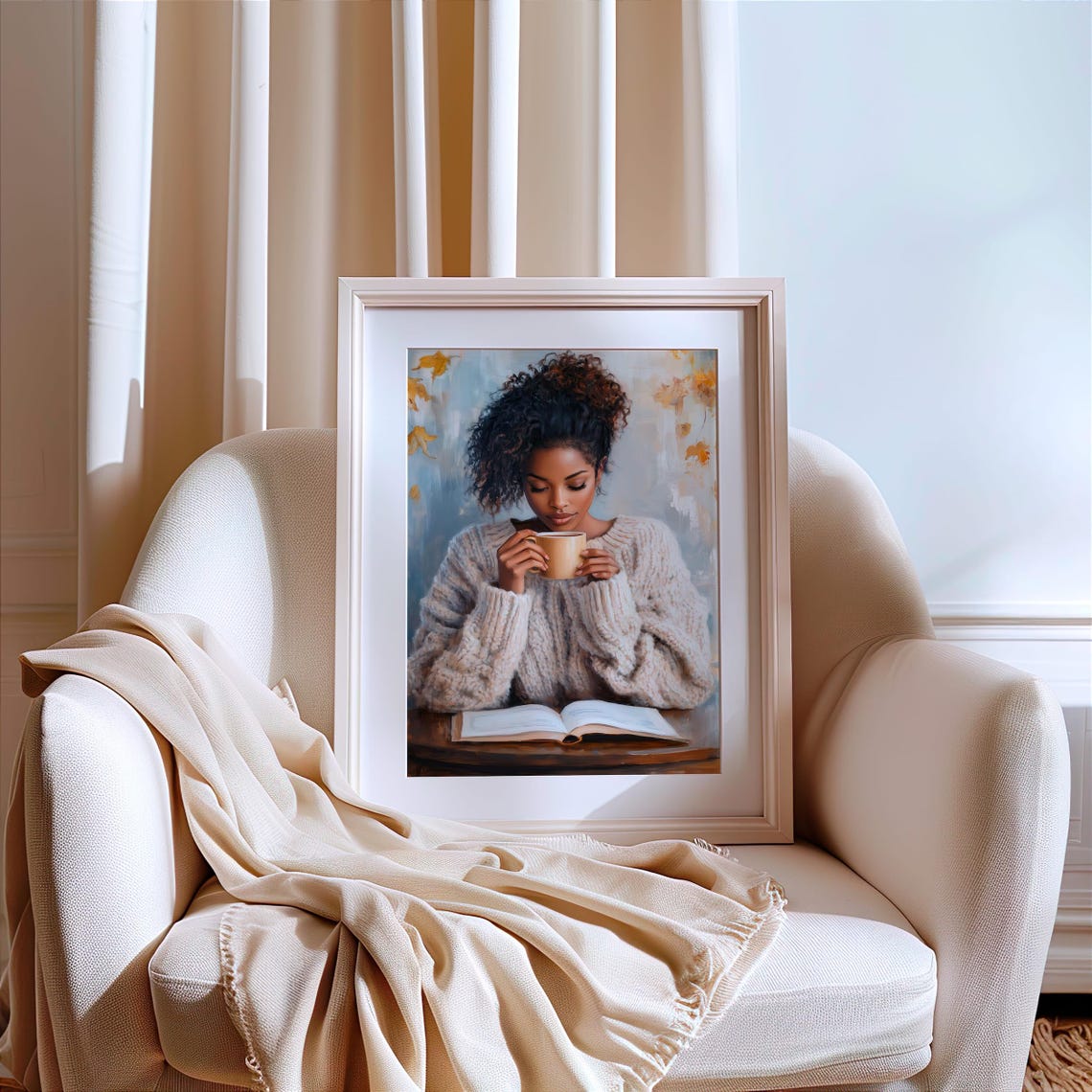 Black Woman In Knit Sweater With Coffee Autumn Reading Poster - Image 6