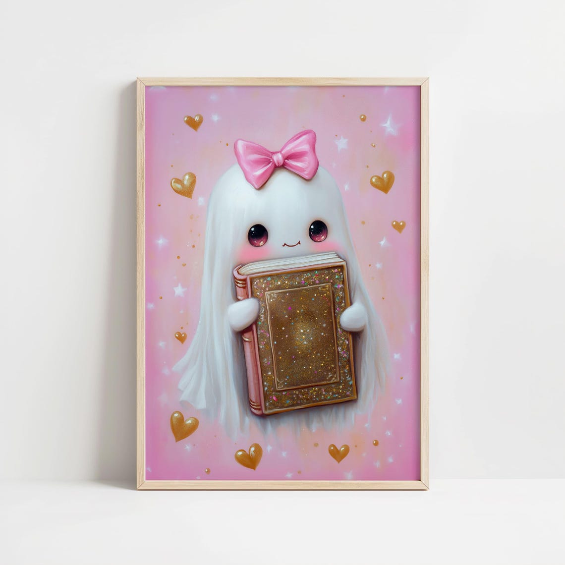 Cute Pink Ghost With Bow Holding Glitter Book Halloween Poster - Image 8