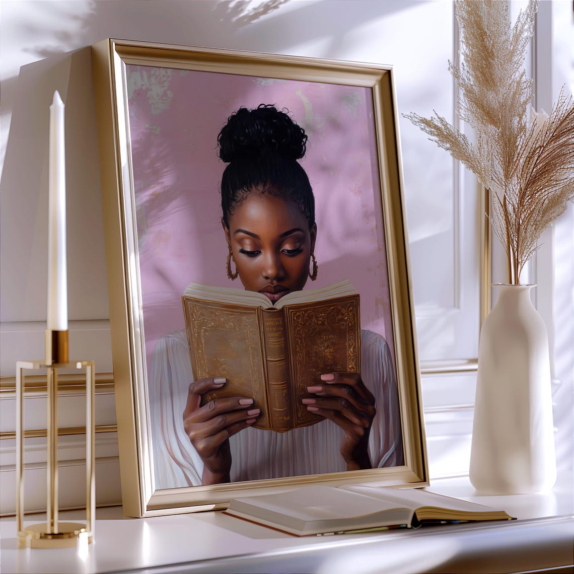 Black Woman Reading Gilded Book Pink Background Book Lover Poster - Image 7