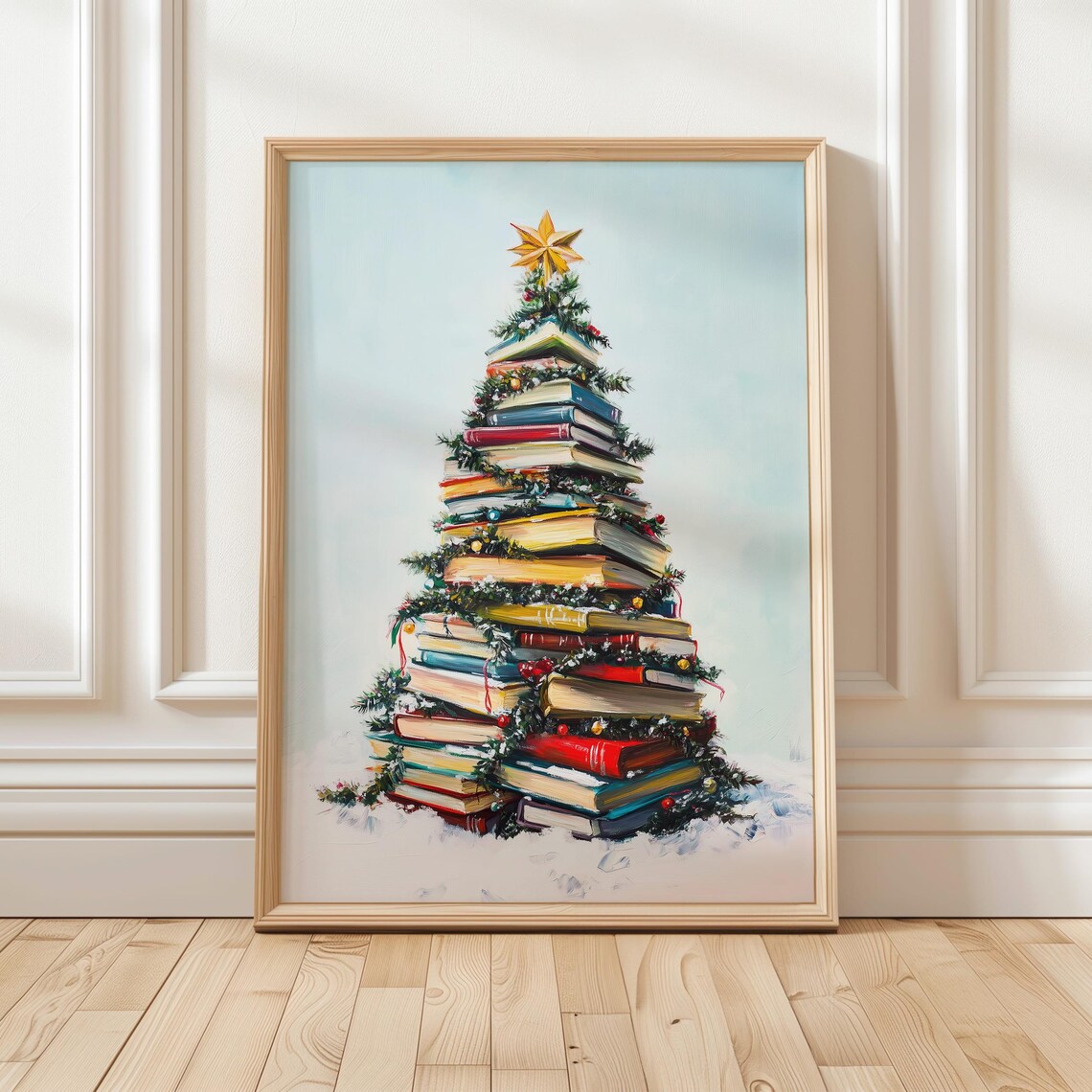 Christmas Tree Of Stacked Books Star Topper Holiday Art Poster