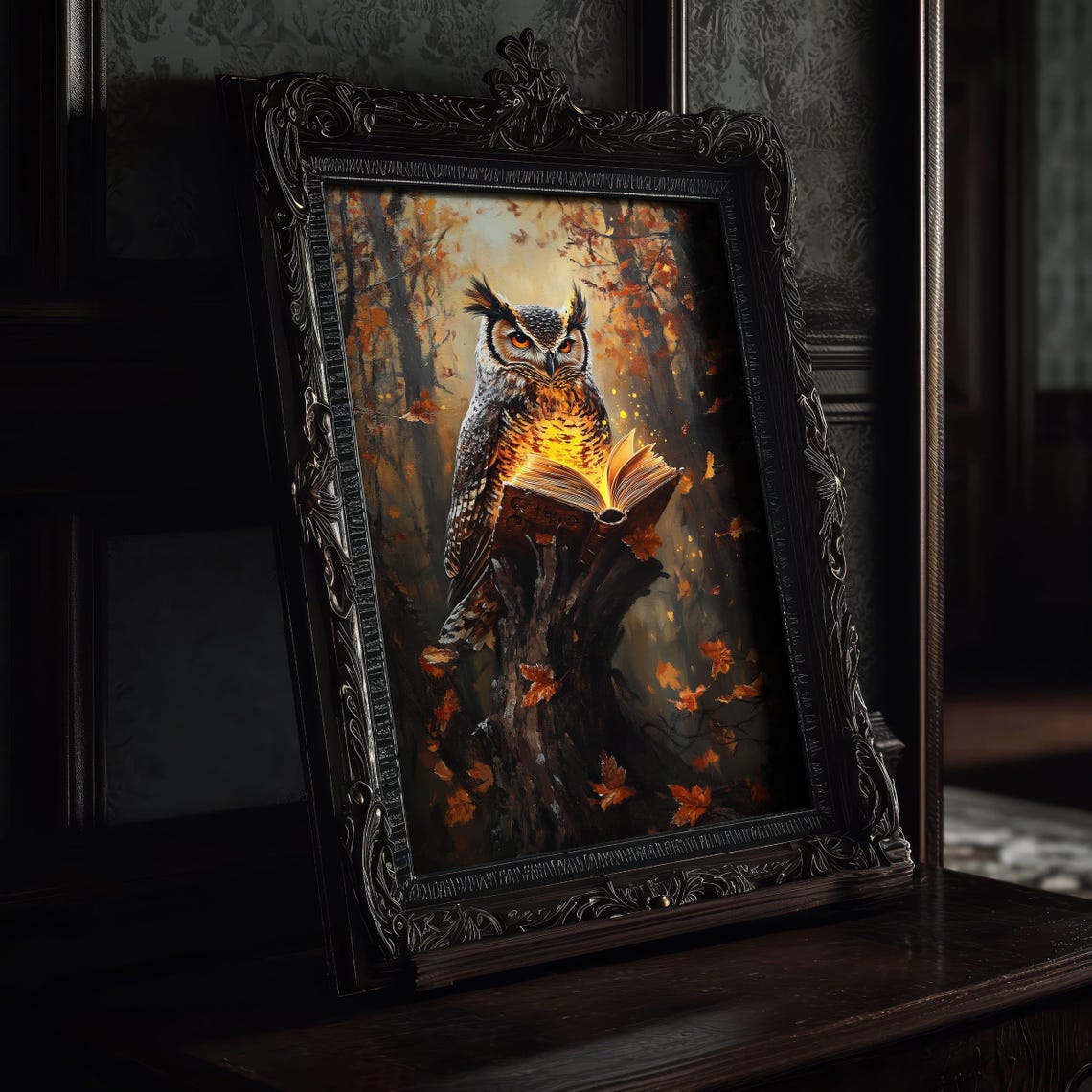 Mystical Owl With Glowing Book Autumn Forest Halloween Poster - Image 2