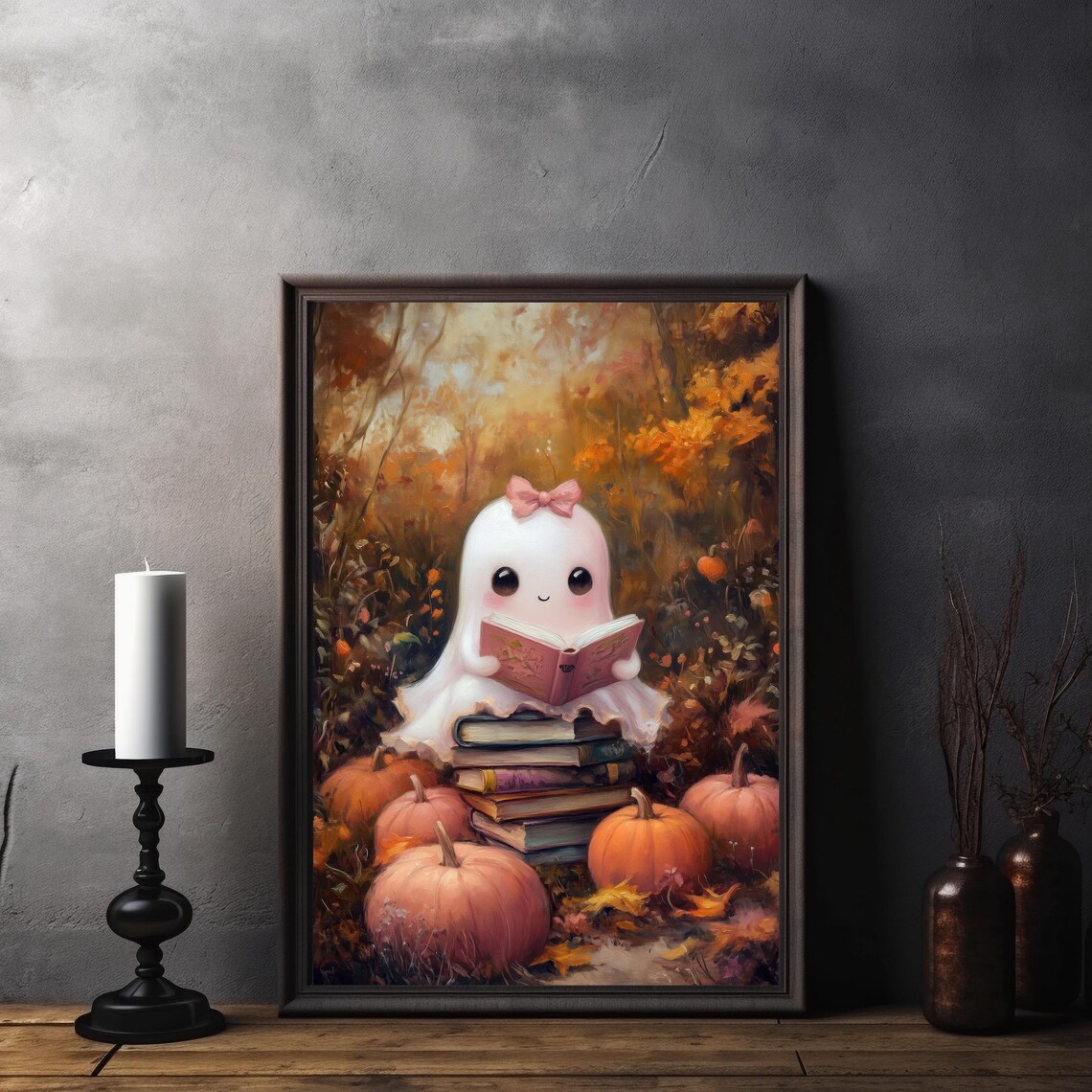 Cute Ghost Reading Art Print Pink Halloween Book Decor Adorable Autumn Wall Art Cozy Fall Artwork - Image 7
