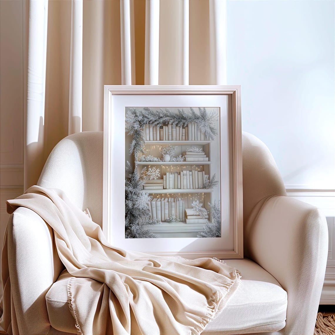 White Winter Bookshelf With Frosty Decor and Fairy Lights Poster - Image 2