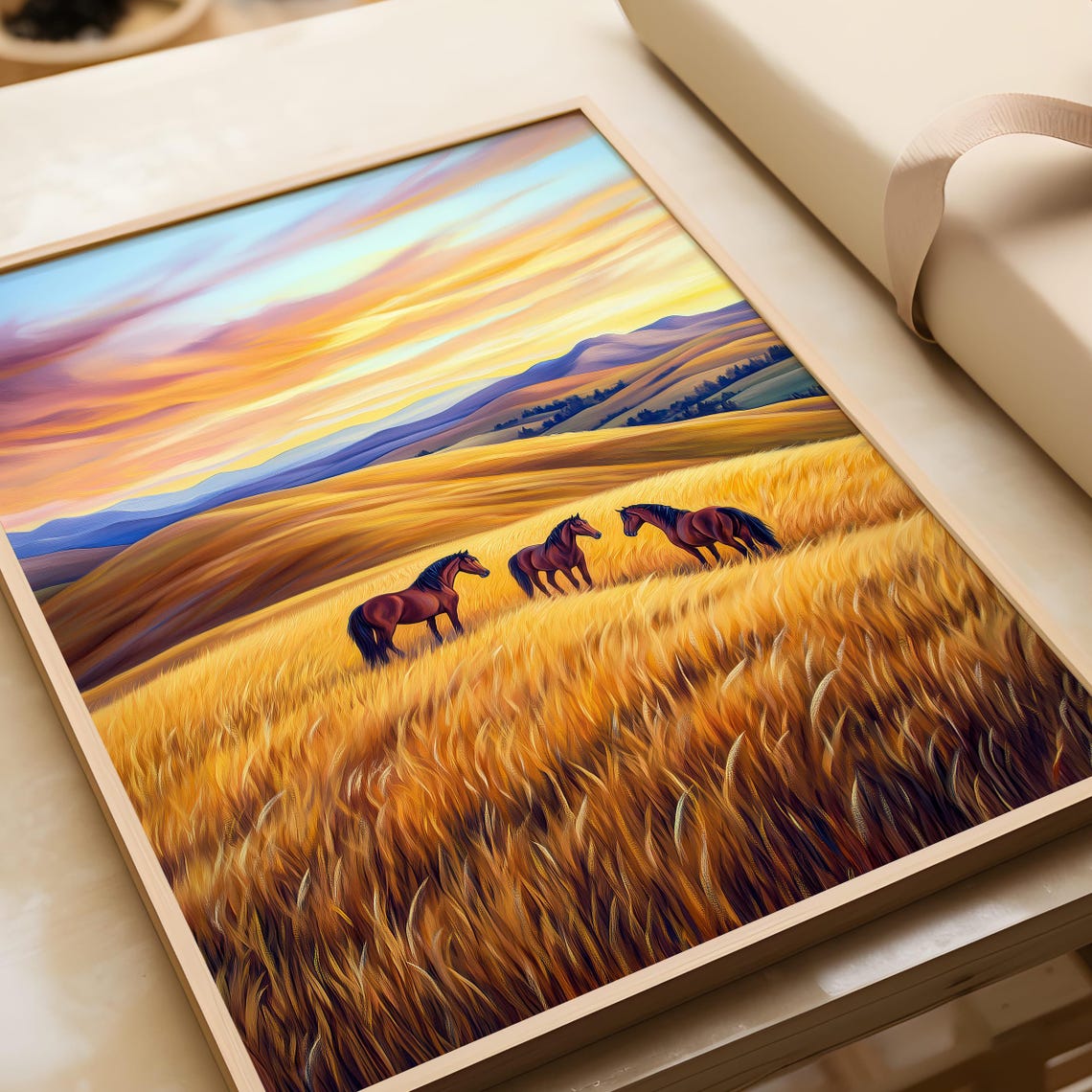 Three Wild Horses in Golden Sunset Prairie Wheat Field Poster - Image 6